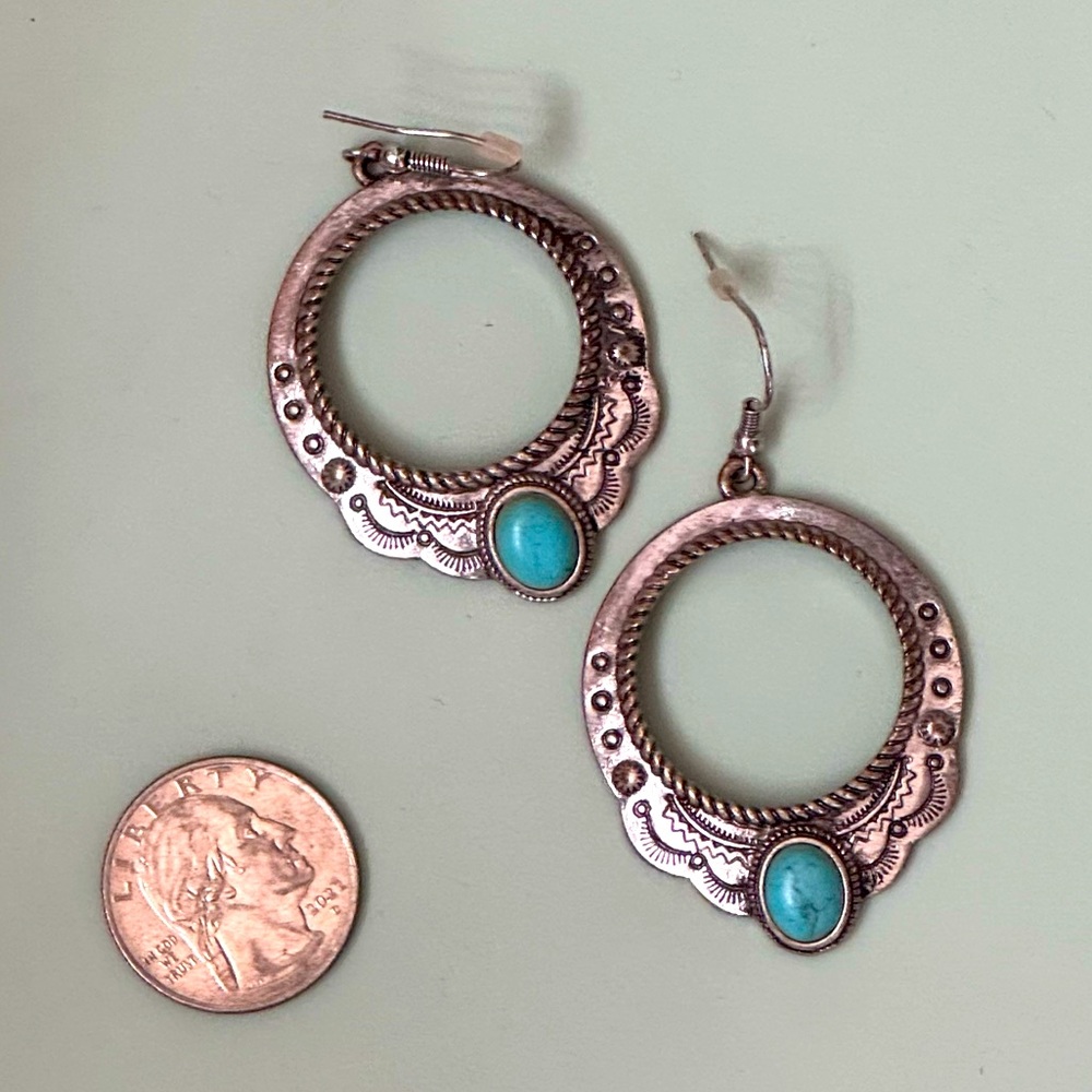 Silver Hoop Earrings with Turquoise Accents